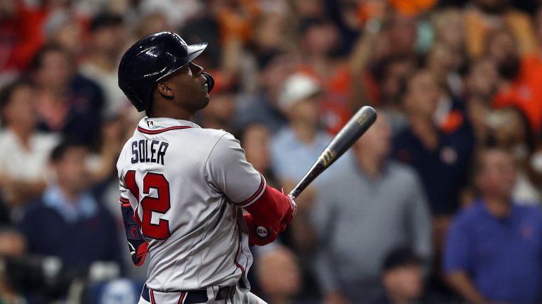 Jorge Soler of the Atlanta Braves hits a three run home run against the Houston Astros during the third inning in Game Six of the World Series at Minute Maid Park.