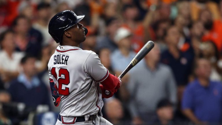 Jorge Soler of the Atlanta Braves hits a three run home run against the Houston Astros during the third inning in Game Six of the World Series at Minute Maid Park.