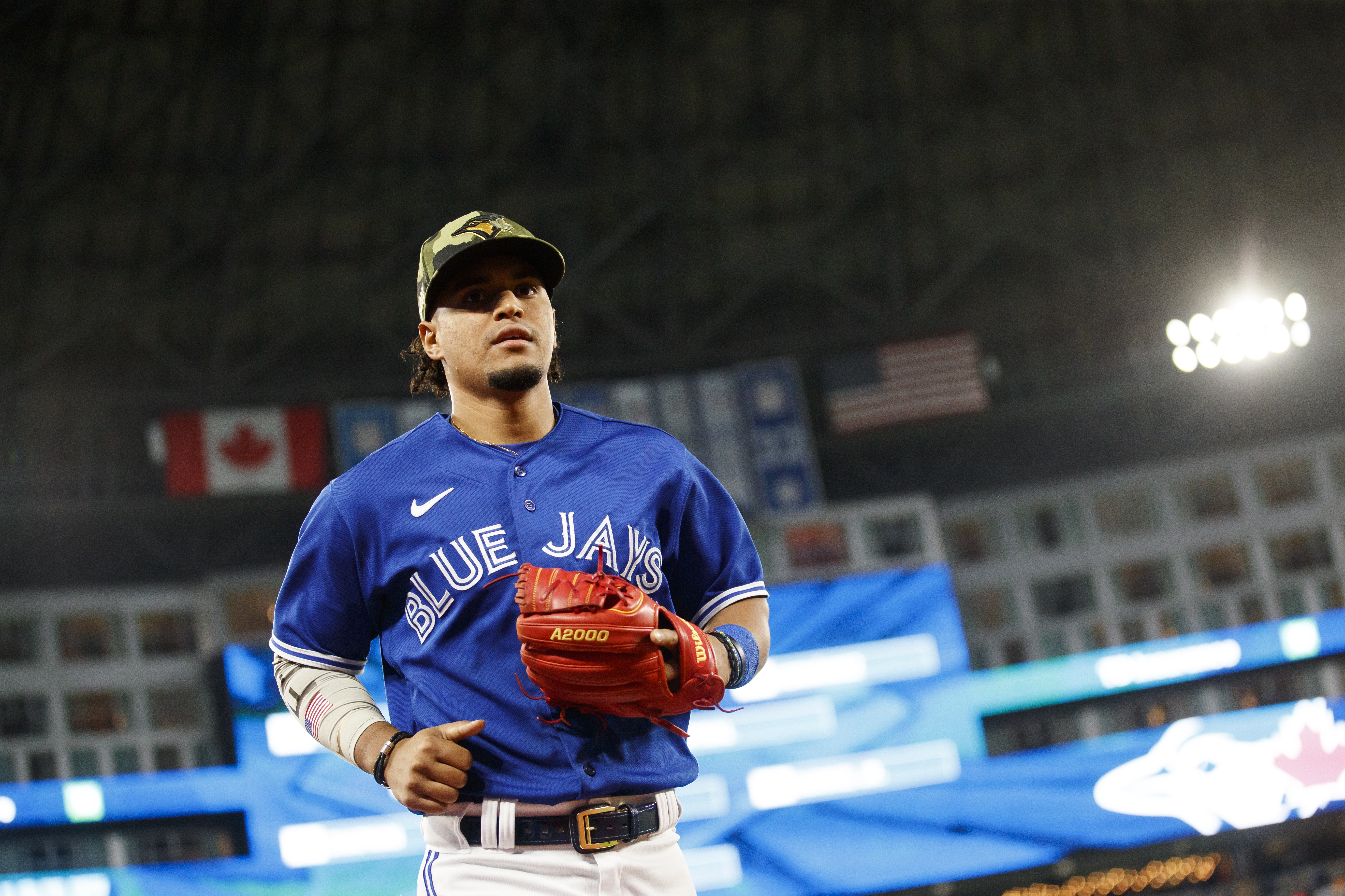 Santiago Espinal of the Toronto Blue Jays looks on during a baseball