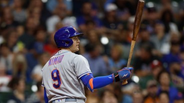 Brandon Nimmo of the New York Mets up to bat against the Milwaukee Brewers at American Family Field.