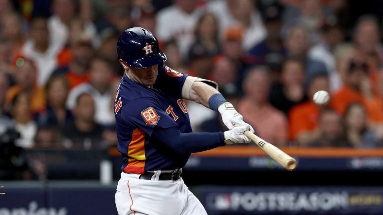 Alex Bregman #2 of the Houston Astros hits a three-run home run against the New York Yankees during the third inning in game two of the American League Championship Series at Minute Maid Park on October 20, 2022 in Houston, Texas.