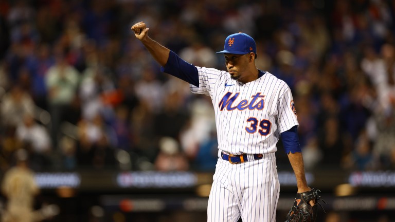 Edwin Diaz #39 of the New York Mets exits the game during the eighth inning against the San Diego Padres in game two of the Wild Card Series at Citi Field.