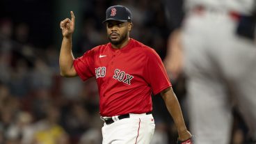 Kenley Jansen of the Boston Red Sox reacts during the ninth inning of a game against the Minnesota Twins at Fenway Park.