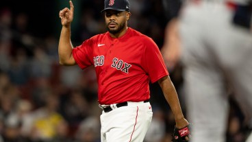 Kenley Jansen of the Boston Red Sox reacts during the ninth inning of a game against the Minnesota Twins at Fenway Park.