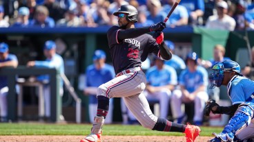 Byron Buxton #25 of the Minnesota Twins bats against the Kansas City Royals on April 2, 2023 at Kauffman Stadium.