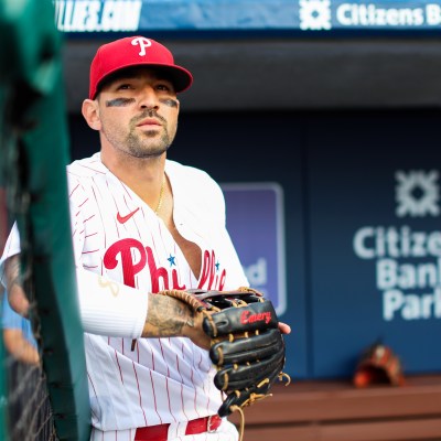 Philadelphia Phillies' Bryce Harper (3) reacts after Nick Castellanos (8)  hit a two-run home run during the first inning a spring training baseball  game against the Baltimore Orioles, Monday, March 28, 2022