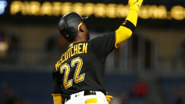 Andrew McCutchen #22 of the Pittsburgh Pirates celebrates after hitting a two run home run in the fifth inning against the St. Louis Cardinals at PNC Park.