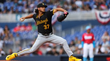 Jared Jones of the Pittsburgh Pirates pitches in his MLB debut in the first inning against the Miami Marlins at loanDepot park.