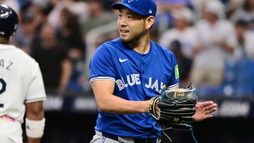 Yusei Kikuchi of the Toronto Blue Jays reacts following the first inning against the Tampa Bay Rays at Tropicana Field.