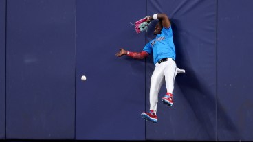 Jazz Chisholm Jr. of the Miami Marlins attempts to catch the ball against the Los Angeles Angels during the fifth inning of the game at loanDepot park.