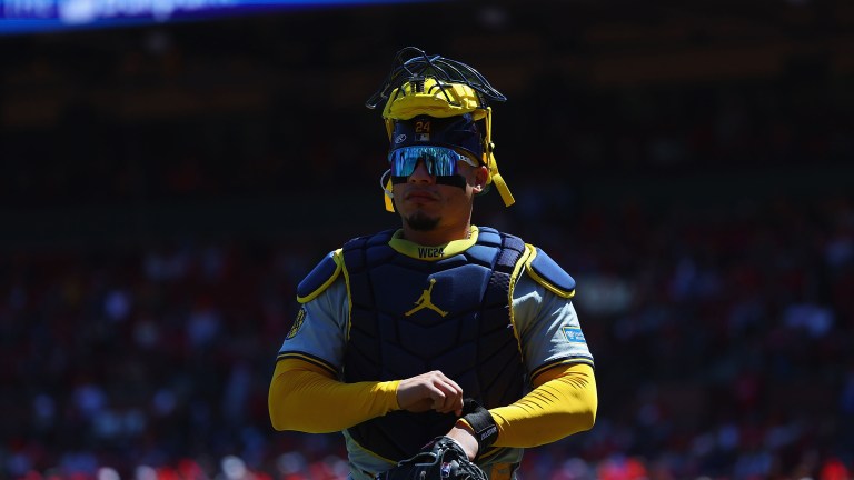 ST LOUIS, MISSOURI - APRIL 21: William Contreras #24 of the Milwaukee Brewers returns to the dugout on a game against the St. Louis Cardinals at Busch Stadium on April 21, 2024 in St Louis, Missouri. (Photo by Dilip Vishwanat/Getty Images)