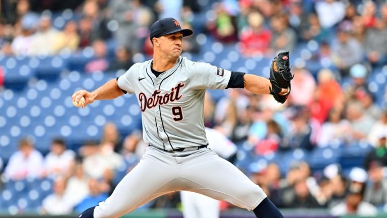 Starting pitcher Jack Flaherty of the Detroit Tigers pitches during the first inning against the Cleveland Guardians at Progressive Field.