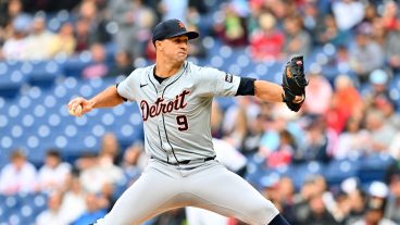 Starting pitcher Jack Flaherty of the Detroit Tigers pitches during the first inning against the Cleveland Guardians at Progressive Field.