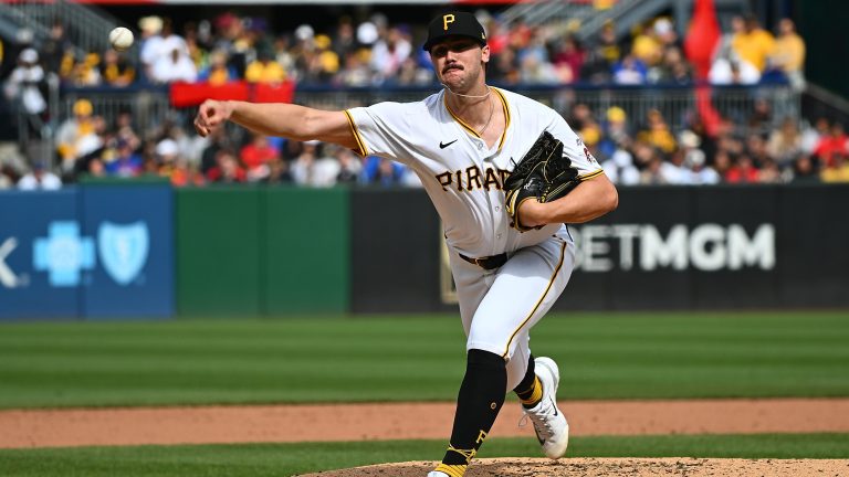 Paul Skenes of the Pittsburgh Pirates delivers a pitch in the third inning of his major league debut during the game against the Chicago Cubs at PNC Park.
