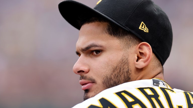Pittsburgh Pirates shortstop Tucupita Marcano looks on during an MLB game against the San Diego Padres at PNC Park.