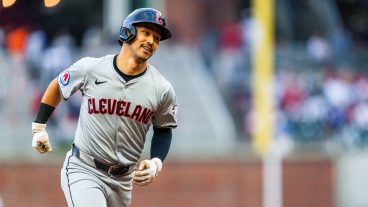 Steven Kwan of the Cleveland Guardians hits a home run in the first inning against the Atlanta Braves at Truist Park. (from Just Baseball's Power Rankings)