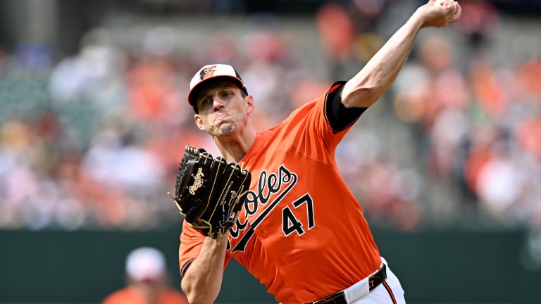 John Means of the Baltimore Orioles pitches against the Arizona Diamondbacks at Oriole Park at Camden Yards.