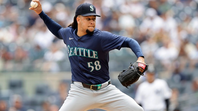 Luis Castillo of the Seattle Mariners in action against the New York Yankees at Yankee Stadium.