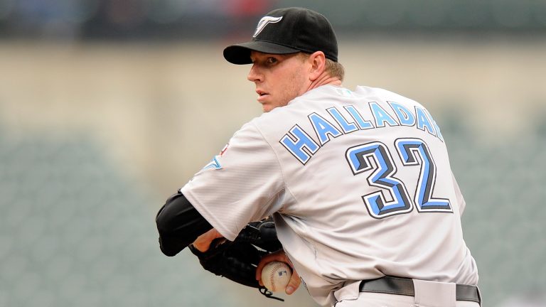 Roy Halladay of the Toronto Blue Jays pitches against the Baltimore Orioles at Camden Yards.