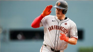 Matt Chapman #26 of the San Francisco Giants rounds the bases after hitting a go ahead solo home run during the fourth inning against the Atlanta Braves at Truist Park.