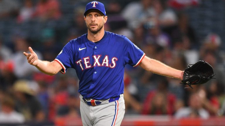 Texas Rangers pitcher Max Scherzer reacts to a call during the MLB game between the Texas Rangers and the Los Angeles Angels of Anaheim.