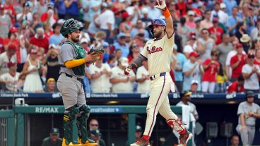 Bryce Harper of the Philadelphia Phillies celebrates after hitting a solo home run in the seventh during a game against the Oakland Athletics at Citizens Bank Park.