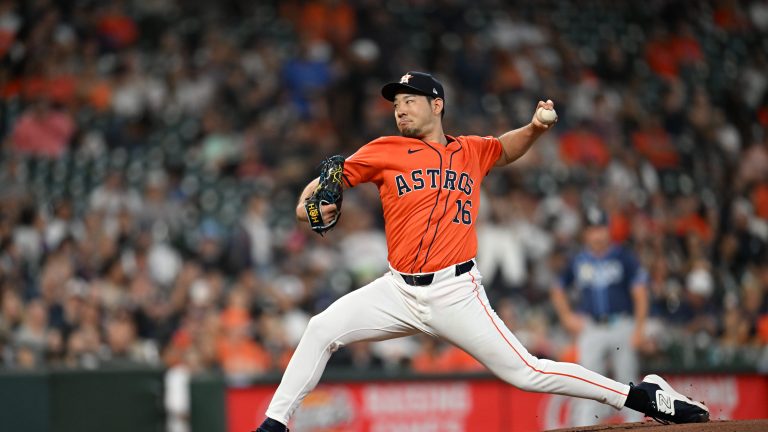 Yusei Kikuchi of the Houston Astros pitches against the Tampa Bay Rays during the first inning at Minute Maid Park.