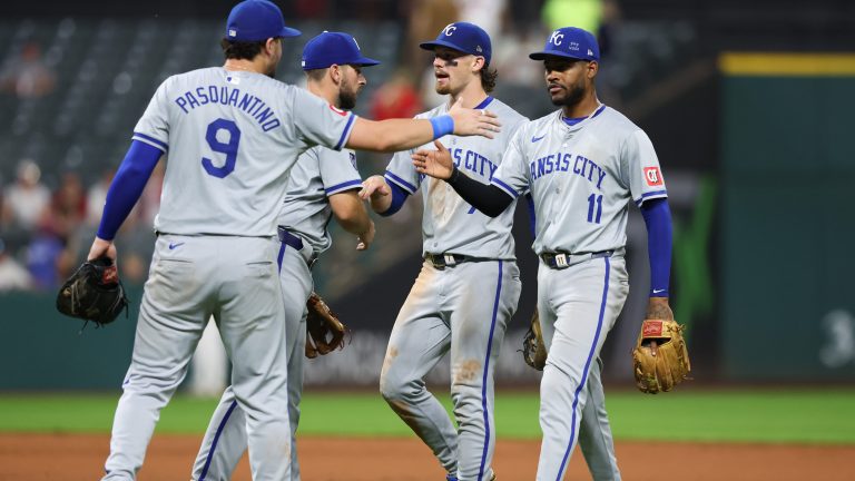 The Kansas City Royals, including Bobby Witt Jr. and Vinnie Pasquantino, celebrate a victory. The Royals who have been one of the biggest surprises in the AL Central this year.