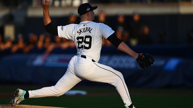 Tarik Skubal of the Detroit Tigers pitches during the first inning against the New York Yankees at Bowman Field.