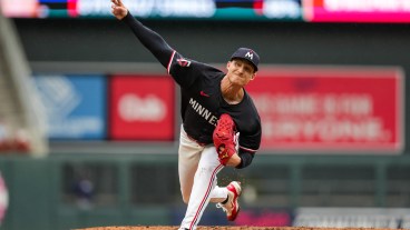 Griffin Jax of the Minnesota Twins pitches against the Tampa Bay Rays at Target Field.