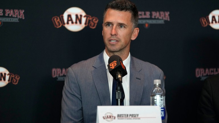 SAN FRANCISCO, CALIFORNIA - OCTOBER 1: Buster Posey speaks during a press conference announcing his new role as President of Baseball Operations of the San Francisco Giants at Oracle Park on October 1, 2024 in San Francisco, California. (Photo by Andy Kuno/San Francisco Giants/Getty Images)