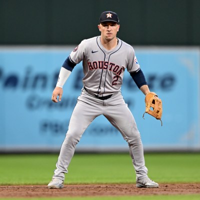 Alex Bregman #2 of the Houston Astros plays third base against the Baltimore Orioles at Oriole Park at Camden Yards.