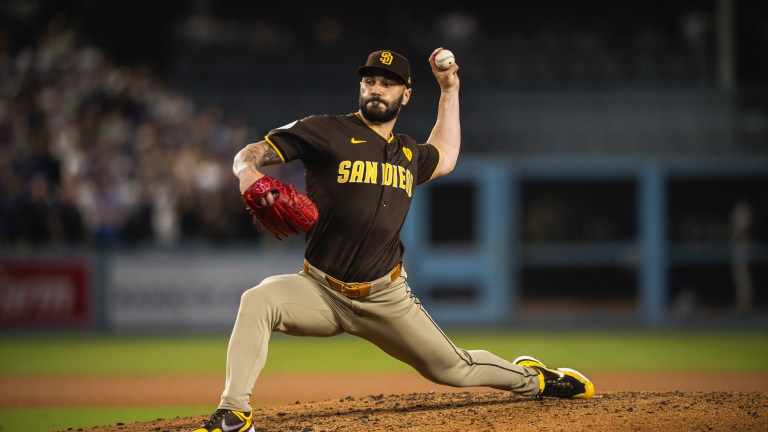 Top free agent reliever Tanner Scott (then of the San Diego Padres) pitches in the eighth inning of game five of the National League Divisional Series against the Los Angeles Dodgers at Dodger Stadium.