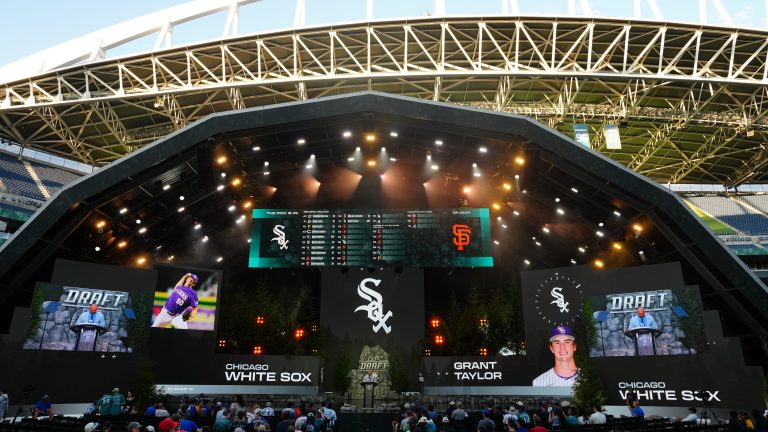 A general view of the stage as Grant Taylor is announced as a second round pick by the Chicago White Sox during the MLB Draft presented by Nike at Lumen Field.